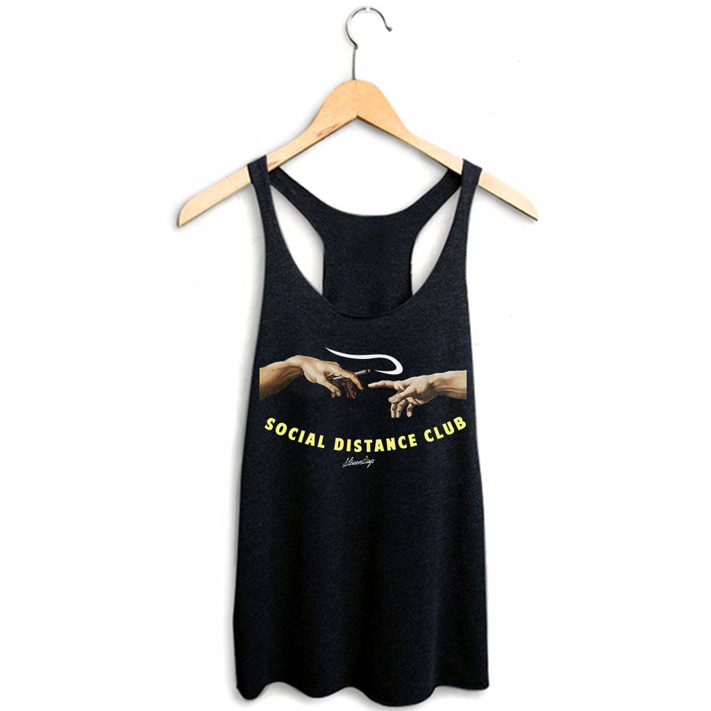 StonerDays Social Distance Club Women's Racerback Tank Top in Black, Front View on Hanger