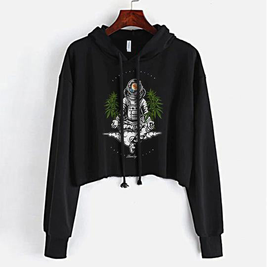 StonerDays Space Concentration Crop Top Hoodie in black with astronaut design, front view on white background