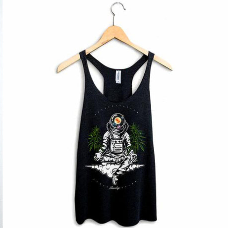 StonerDays Space Concentration Racerback tank top, black with astronaut print, front view on hanger