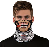 StonerDays Space Monkey Neck Gaiter with bold graphic, front view on model