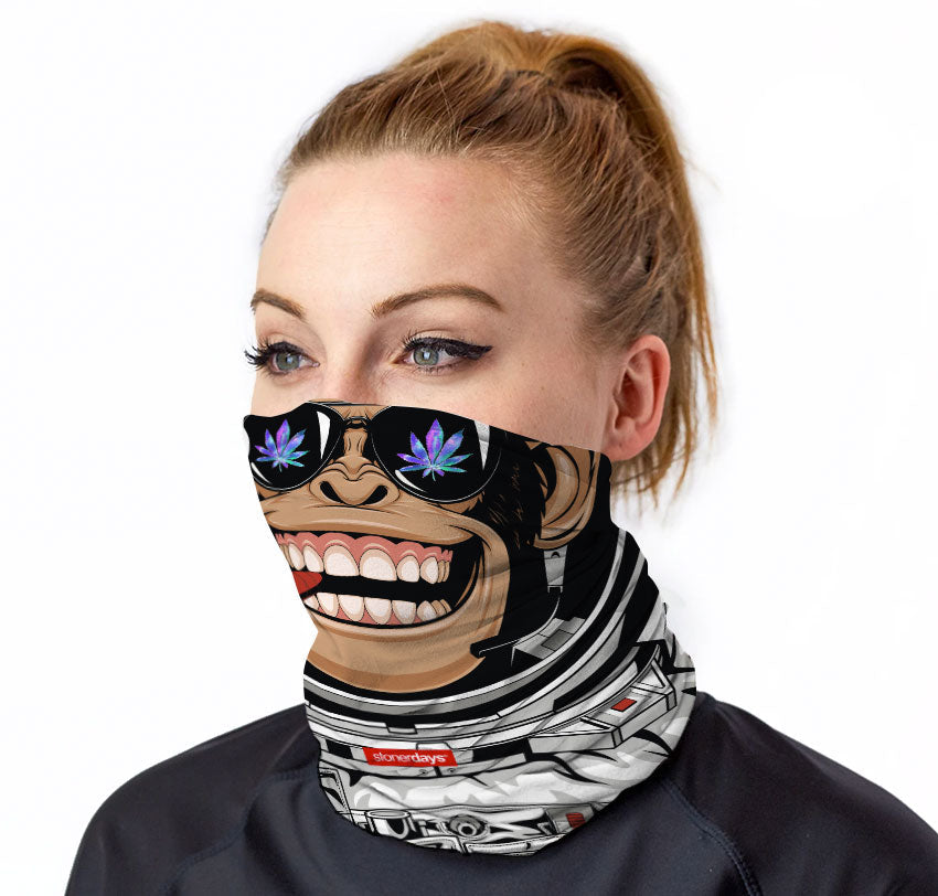 StonerDays Space Monkey Neck Gaiter with vibrant graphic design, worn by model, front view