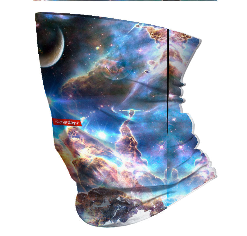 StonerDays Space Mountain OG Neck Gaiter featuring cosmic print, front view on white background