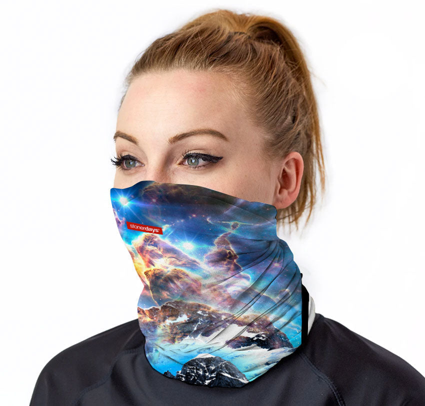 StonerDays Space Mountain OG Neck Gaiter with cosmic design, worn by model, front view