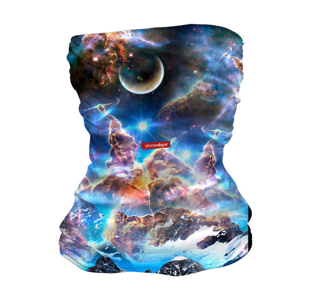 StonerDays Space Mountain OG Neck Gaiter with vibrant cosmic print, front view on white background