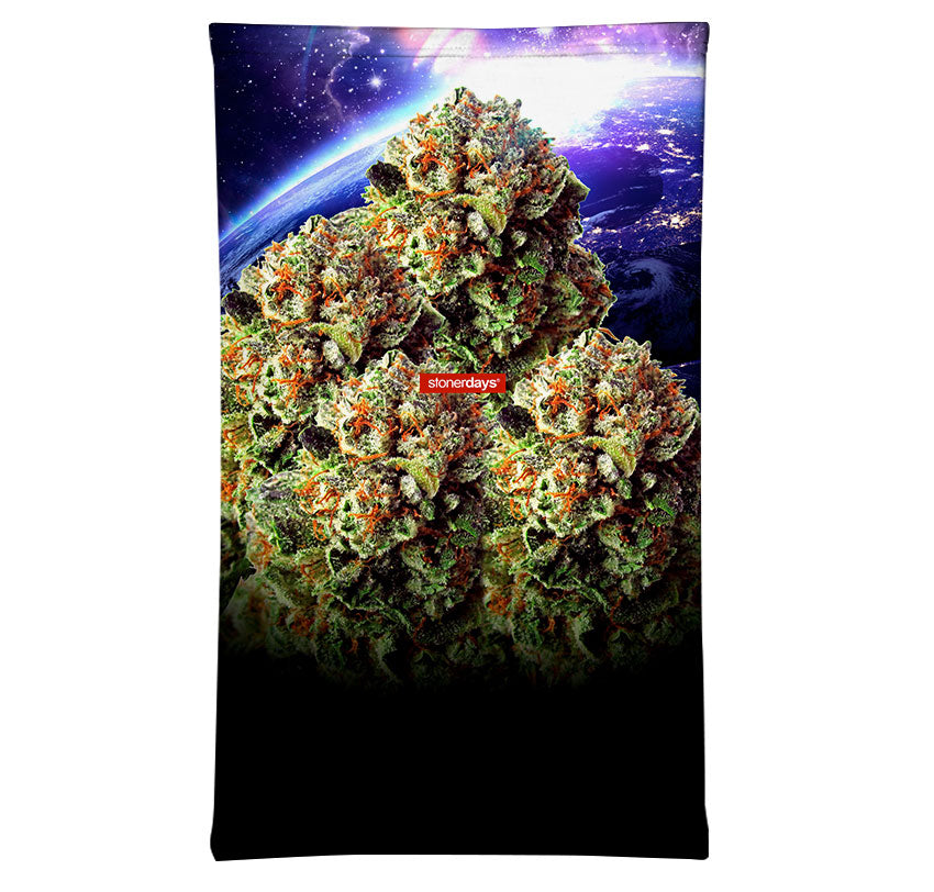 StonerDays Space Nugs Og Neck Gaiter featuring cosmic backdrop and vibrant cannabis buds