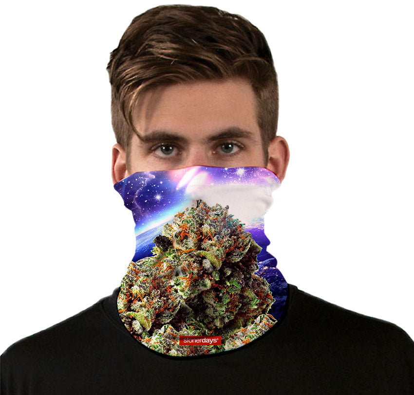 StonerDays Space Nugs OG Neck Gaiter featuring cosmic design with cannabis buds, front view on model