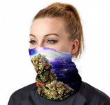 StonerDays Space Nugs Og Neck Gaiter featuring cosmic design with cannabis buds, front view on model