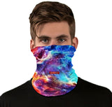 StonerDays Space Painting Galaxy Neck Gaiter worn by model, vibrant cosmic design, front view