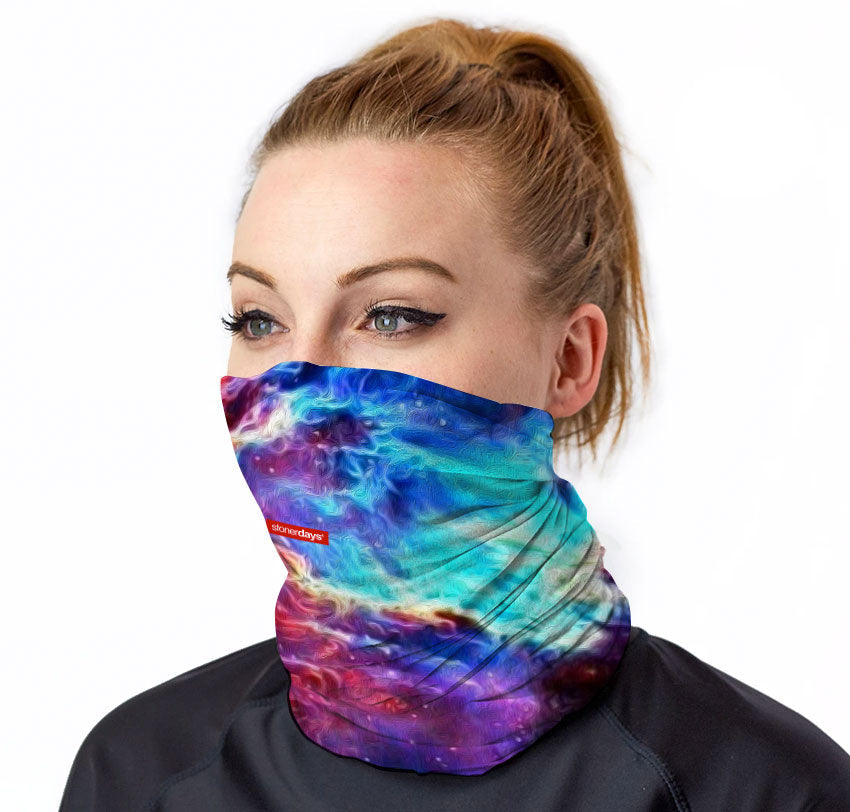 StonerDays Galaxy Neck Gaiter in vibrant space painting design, front view on model