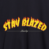 StonerDays Stay Blazed Flames Crop Top Hoodie, black with fiery text design, close-up view