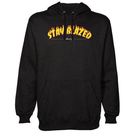 StonerDays Stay Blazed black hoodie with orange flame graphics, front view on white background