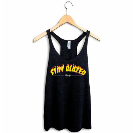 StonerDays Stay Blazed Flames Racerback Tank Top in Black, Front View on Hanger