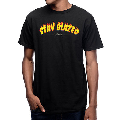 StonerDays Stay Blazed Flames Tee in black, front view on a male model, sizes S to 3XL available