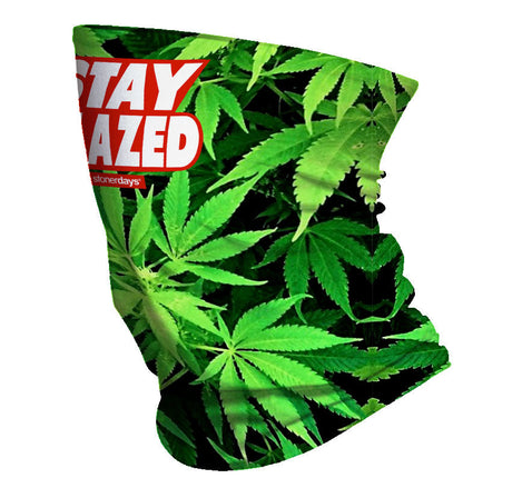 StonerDays Stay Blazed Neck Gaiter featuring cannabis leaf print, red and white logo, front view