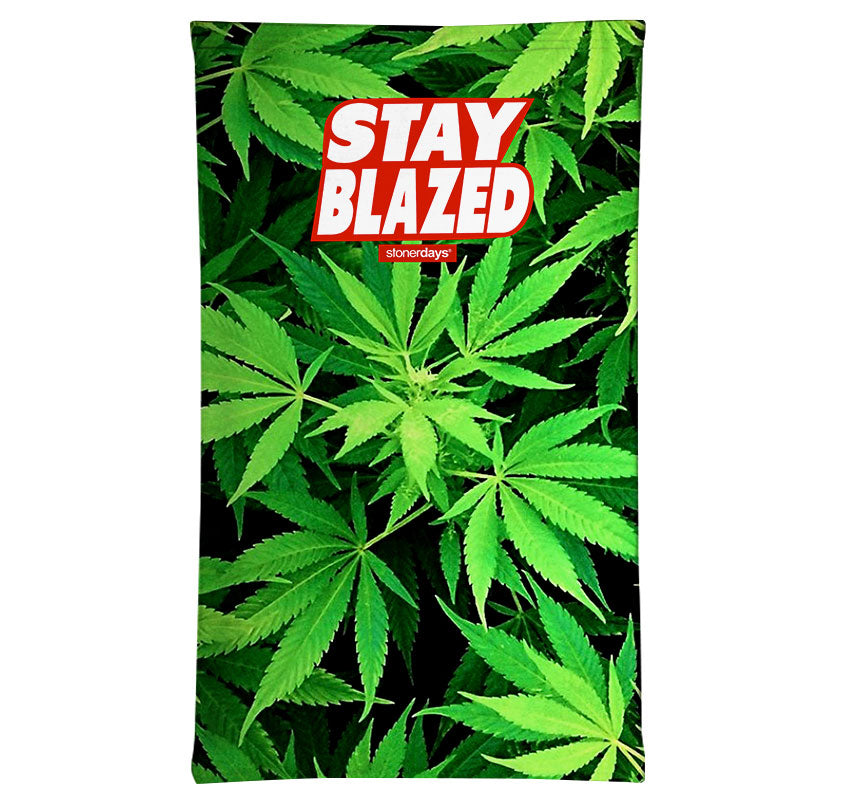 StonerDays Stay Blazed Neck Gaiter featuring vibrant cannabis leaf design with red and white logo