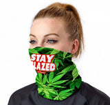 Front view of StonerDays Stay Blazed Neck Gaiter with red and white logo on green leaf pattern