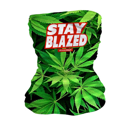 StonerDays Stay Blazed Neck Gaiter featuring red and white text on a green leafy background
