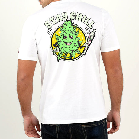 StonerDays Stay Chill White Tee with vibrant back print featuring a cartoon cannabis leaf, rear view on model