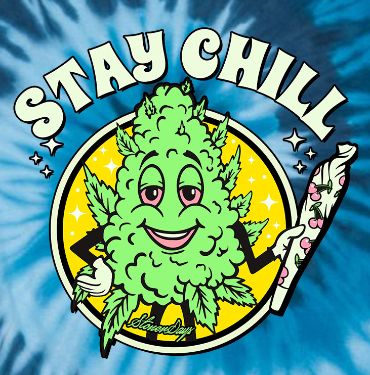 StonerDays Stay Chill T-shirt in blue tie dye with cartoon cannabis leaf design