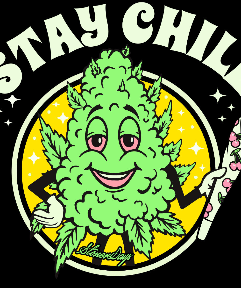 StonerDays Stay Chill Crop Top Hoodie design close-up with smiling cannabis leaf graphic