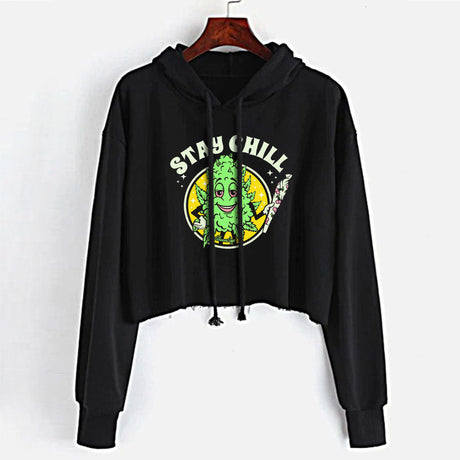 StonerDays Stay Chill Women's Crop Top Hoodie in Black with Green Print - Front View