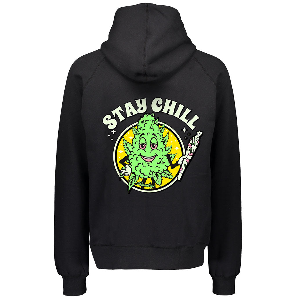 StonerDays Stay Chill Men's Hoodie in black with vibrant graphic print, rear view on white background