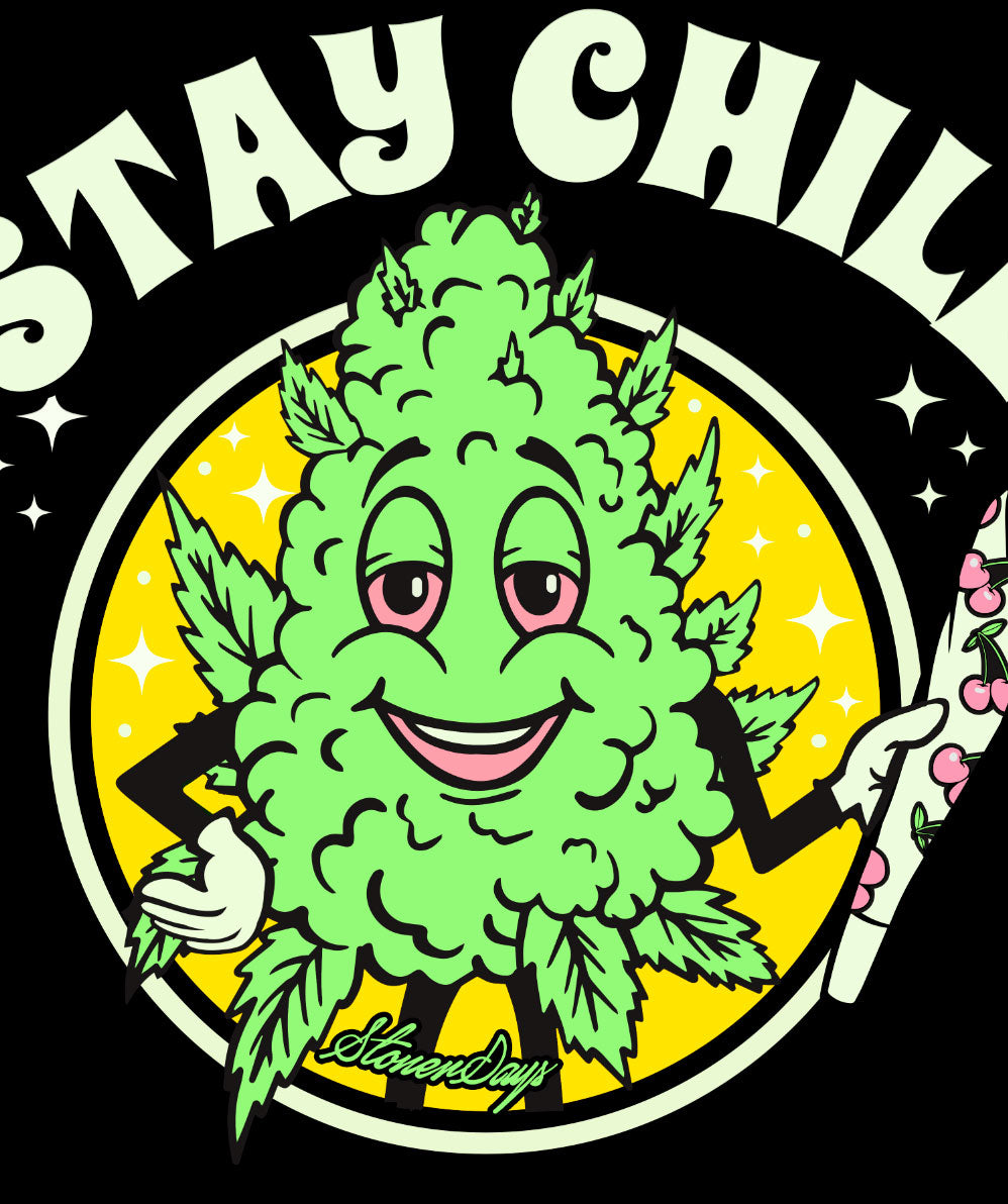 StonerDays Stay Chill Hoodie graphic close-up with smiling cannabis leaf design