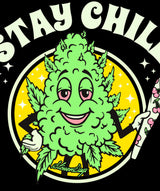 StonerDays Stay Chill Hoodie graphic close-up with smiling cannabis leaf design