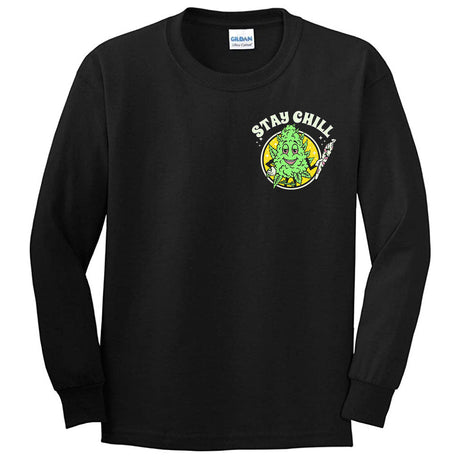 StonerDays Stay Chill Long Sleeve Black Cotton T-Shirt Front View on White Background