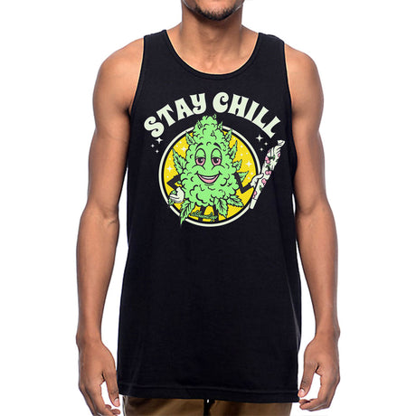 StonerDays Stay Chill Men's Tank Top in black with vibrant graphic print, front view on a model