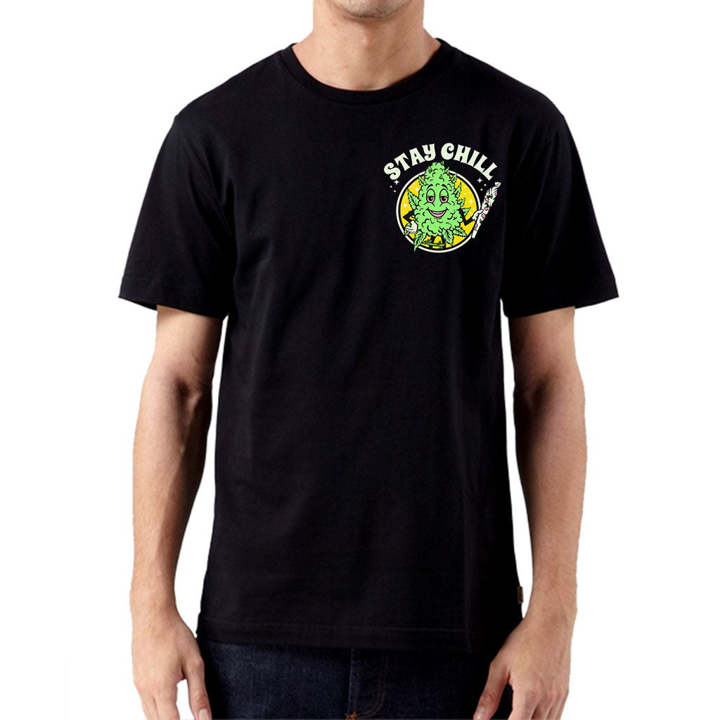 StonerDays Stay Chill Tee in black cotton, front view with vibrant graphic print