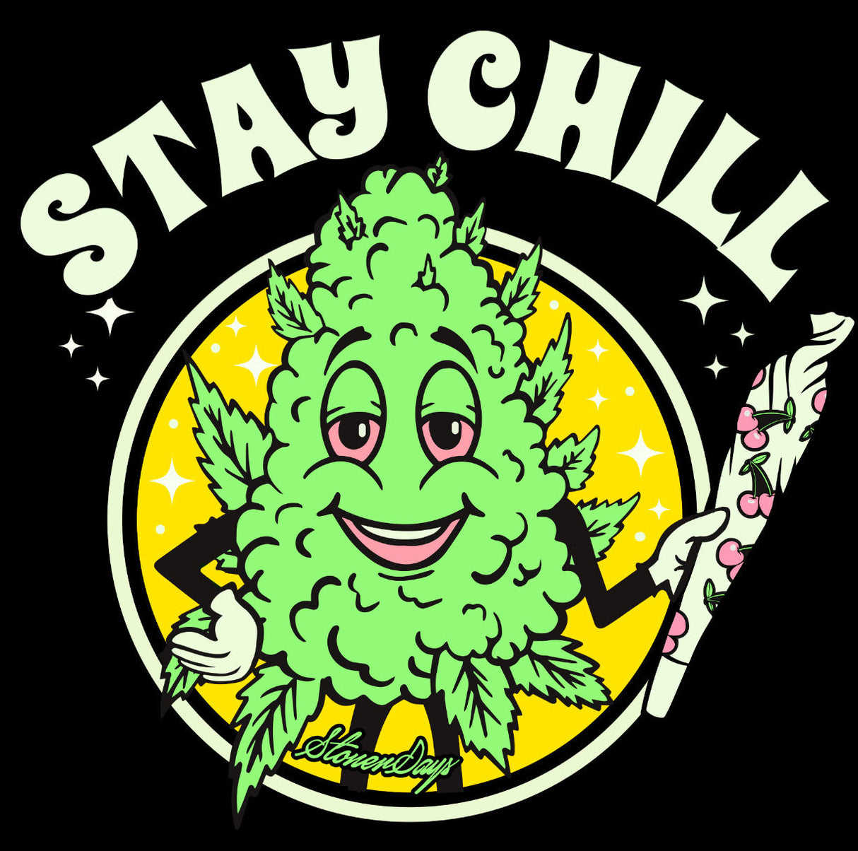 StonerDays Stay Chill Tee design close-up featuring a smiling cannabis leaf character