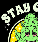 Close-up of StonerDays Stay Chill Tee with smiling cannabis leaf design on black cotton fabric