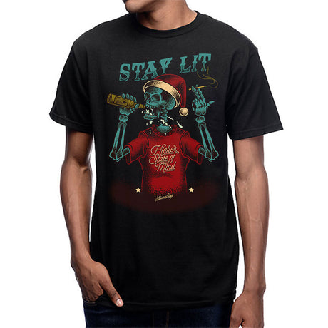 StonerDays Stay Lit men's black t-shirt with vibrant green and red graphic design, front view