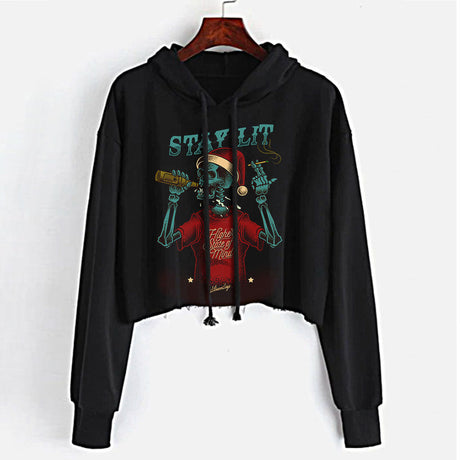 StonerDays Stay Lit Crop Top Hoodie for women, black cotton, front view on hanger