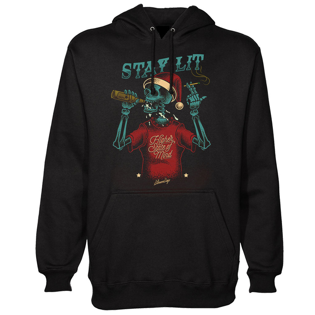 StonerDays Stay Lit Hoodie in black, featuring graphic print, front view on white background