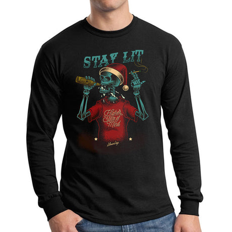 StonerDays Stay Lit Long Sleeve Shirt in Black, Front View on Model, USA Cotton Apparel