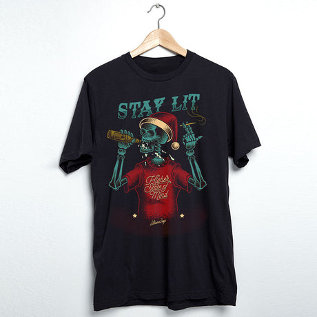 StonerDays Stay Lit men's t-shirt in black with colorful skeleton design, front view on hanger