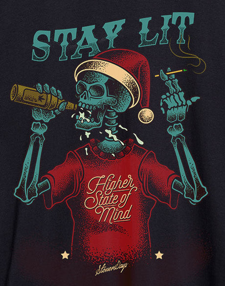 StonerDays Stay Lit Women's Racerback, graphic print of a skeleton in red with a festive hat