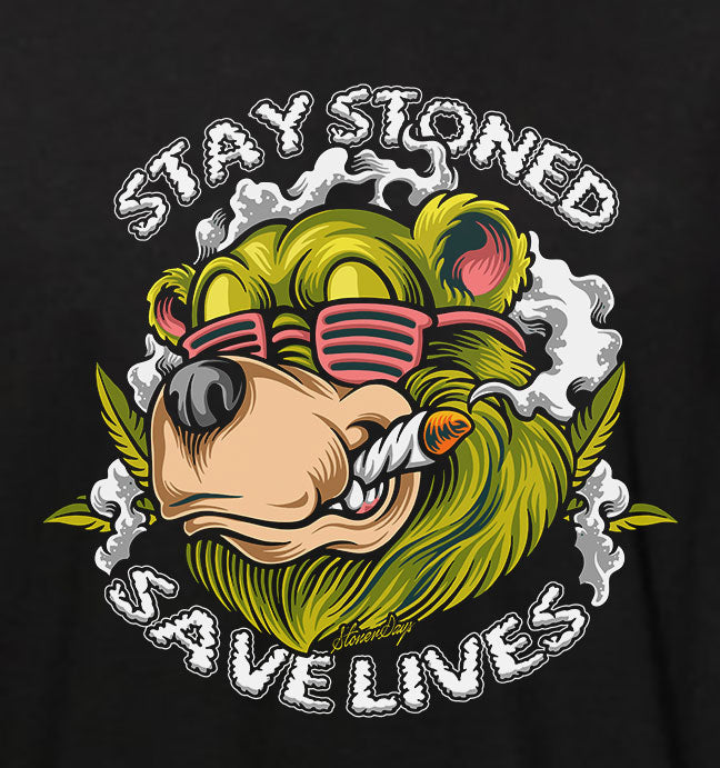 StonerDays black cotton t-shirt with 'Stay Stoned Save Lives' graphic, front view