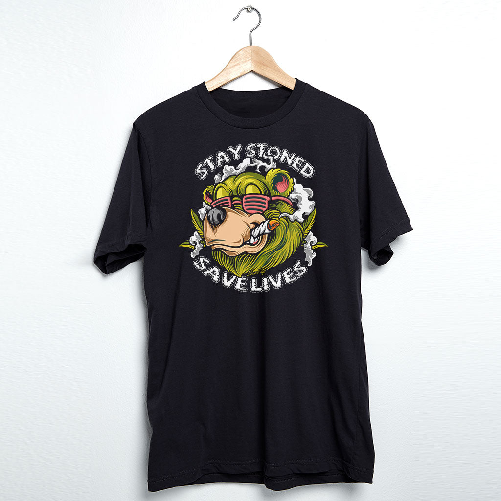 StonerDays black cotton t-shirt with 'Stay Stoned Save Lives' graphic, front view on hanger