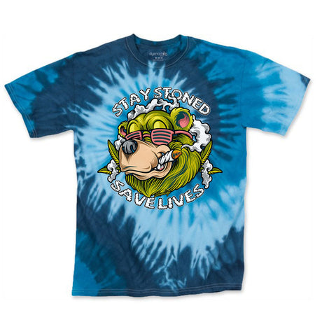 StonerDays Stay Stoned Save Lives Tie Dye Tee in Blue with Chillum Design, Front View