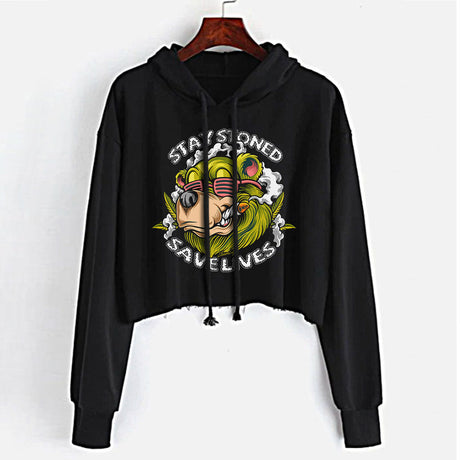 StonerDays Stay Stoned Save Lives Women's Crop Top Hoodie in Black, Front View