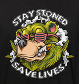 StonerDays black hoodie with 'Stay Stoned Save Lives' graphic, Sherlock design, front view