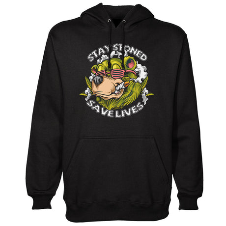 StonerDays Stay Stoned Save Lives Hoodie in black, front view with Sherlock design, sizes S-2XL