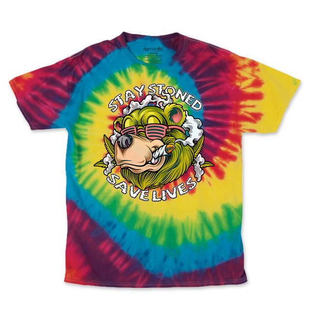 StonerDays Stay Stoned Save Lives Tee in Rainbow Tie Dye, Unisex Cotton T-Shirt Front View
