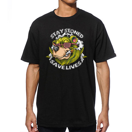 StonerDays black cotton t-shirt with 'Stay Stoned Save Lives' graphic, front view on male model.
