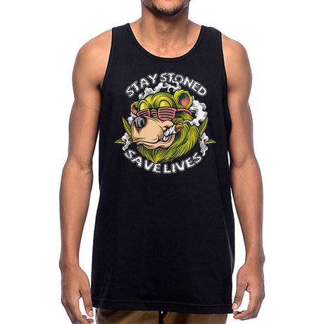 StonerDays black tank top with "Stay Stoned Save Lives" design, front view on male model