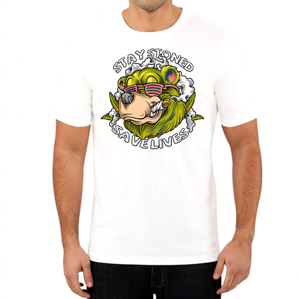StonerDays Stay Stoned Save Lives Tee in white, front view on model, featuring chillum design in multiple sizes