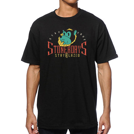 StonerDays Stay True Bear Tee in black, front view, unisex cotton t-shirt with bold graphic print